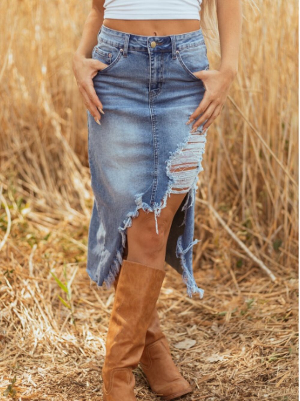 Myosotis Irregular Distressed Bottom Denim Midi Skirt